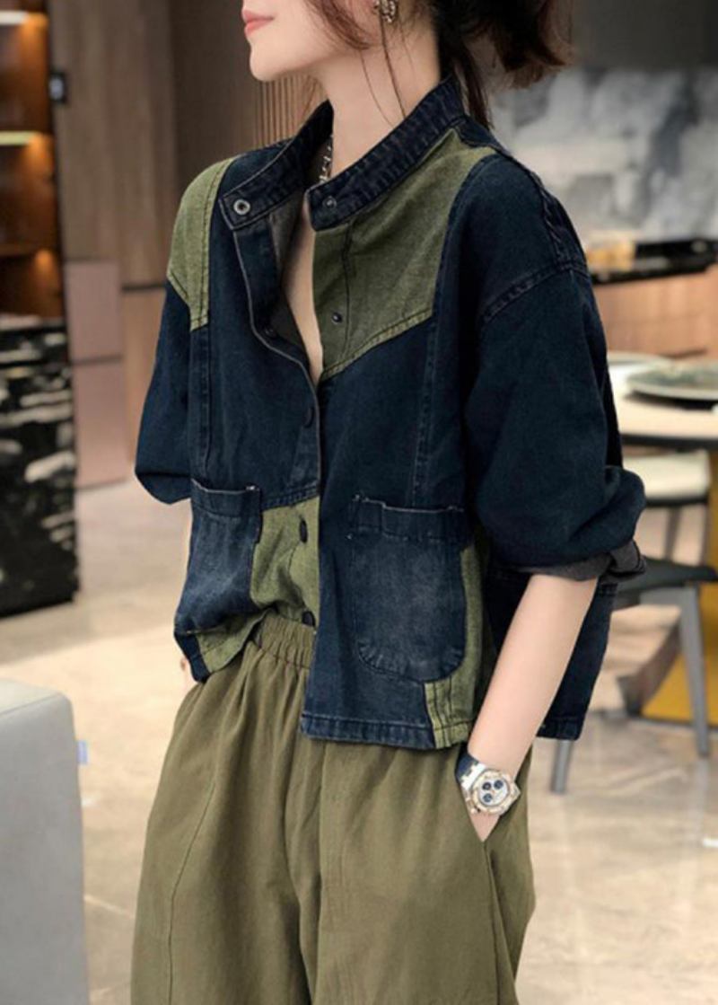 Art-blauer Patchwork-denim-mantel Mit Knöpfen Und Und - Damen-Wintermäntel