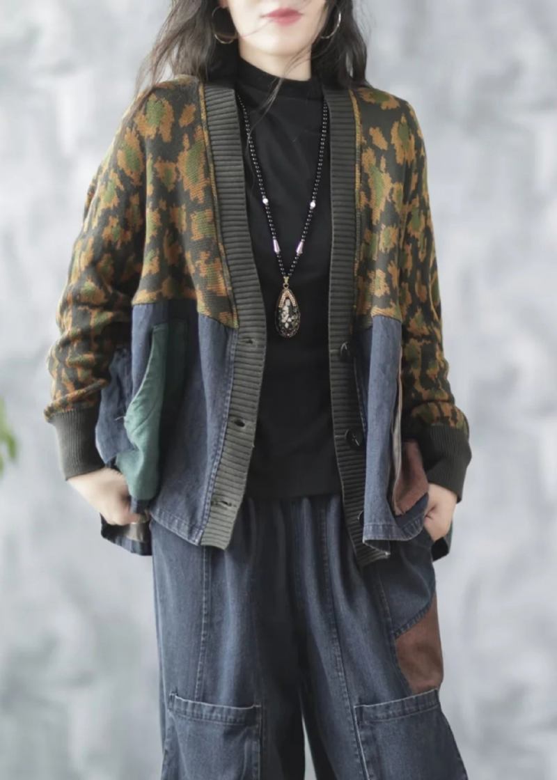 Blauer Jeansmantel Mit Taschen Und Patchwork-muster Und V-ausschnitt Für Den Herbst - Damen-Wintermäntel