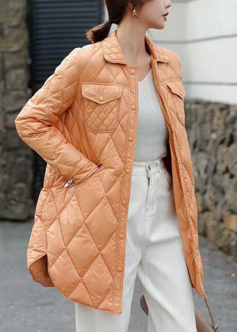 Edler Orangefarbener Patchwork-daunenmantel Mit Knopftaschen Winter - Damen-Wintermäntel