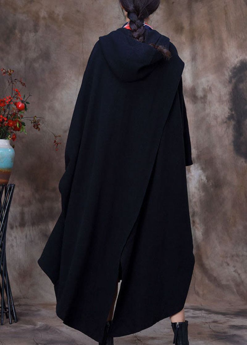 Eleganter Schwarzer Wintermantel Mit Kapuze Und Asymmetrischem Design Mit Ärmeln - Damen-Wintermäntel