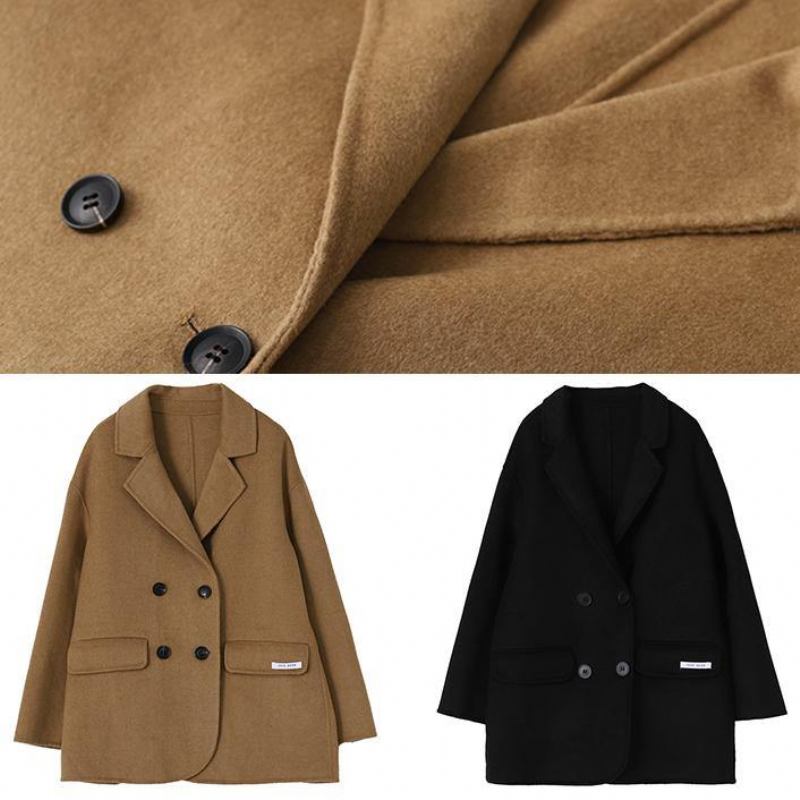 Eleganter Schwarzer Wollmantel Trendiger Mantel In Übergröße Mit Einkerbung Auf Der Rückseite Offen - Damen-Wintermäntel