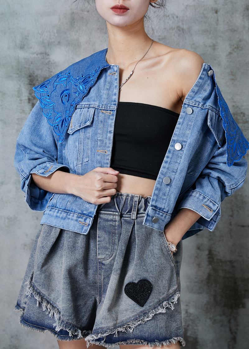 Feine Blaue Bestickte Jeansjacke Mit Peter-pan-kragen Für Den Frühling - Damen-Wintermäntel
