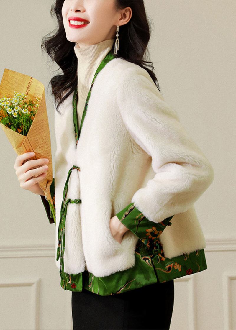 Französischer Weißer Patchwork-wollmantel Mit V-ausschnitt Und Quasten Für Den Winter - Damen-Wintermäntel