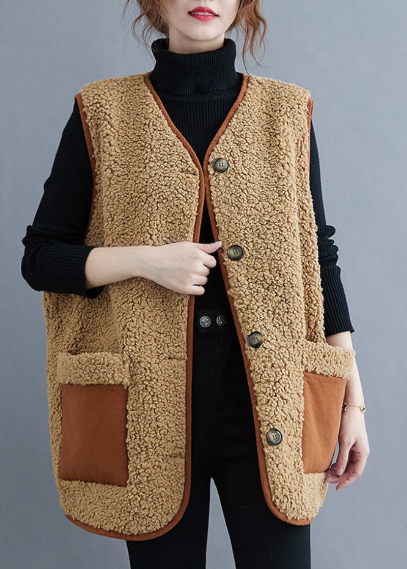 Khakifarbene Kunstpelzweste Mit V-ausschnitt Und Knopf Herbst - Khaki