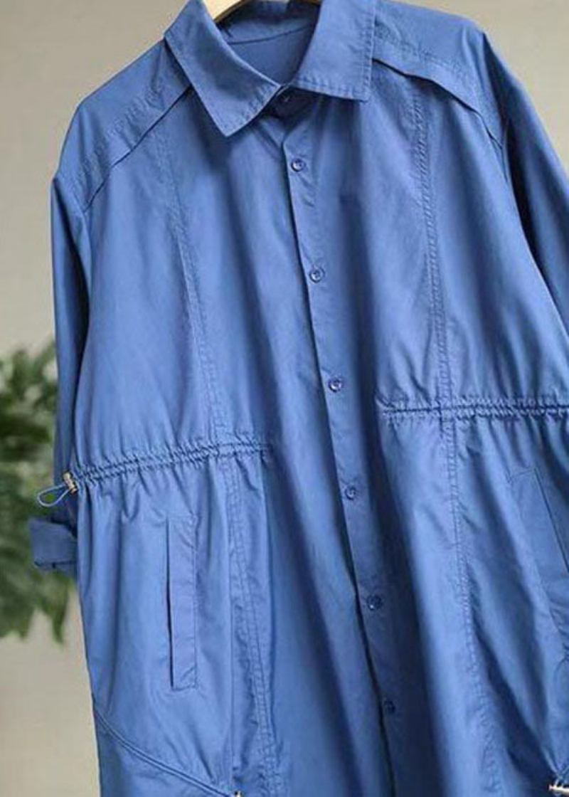 Moderner Blauer Trenchcoat Aus Baumwolle Mit Peter-pan-kragen Und Taschen Im Frühling - Blau