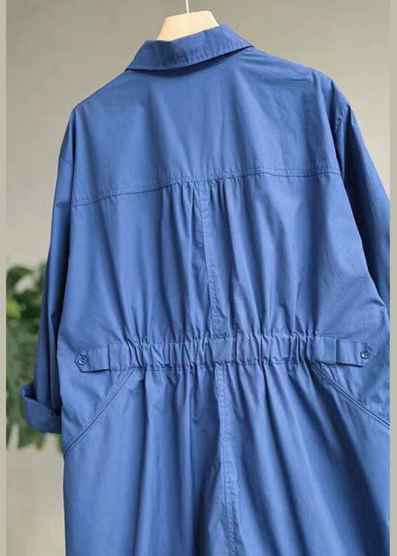 Moderner Blauer Trenchcoat Aus Baumwolle Mit Peter-pan-kragen Und Taschen Im Frühling - Blau