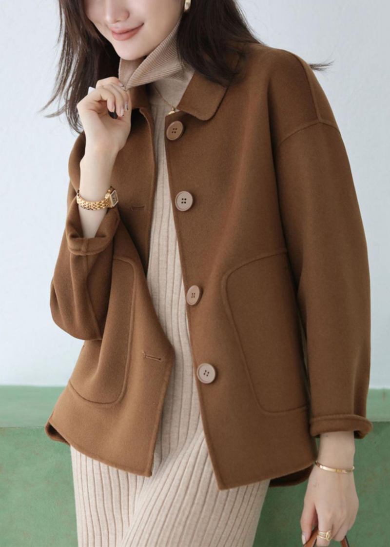 Moderner Wollmantel Mit Patchwork-button-down-muster In Kaffeefarbe Für Den Peter-pan-kragen Für Den Herbst - Damen-Wintermäntel