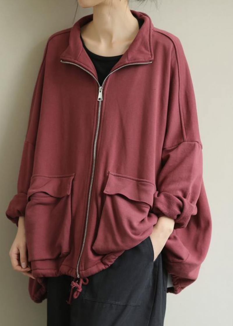 Roter Feiner Mantel Für Damen Design Stehkragen Reißverschluss Oberbekleidung - schwarz