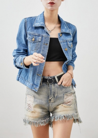 Schlanker Blauer Boho-jeansmantel Aus Baumwolle Frühling