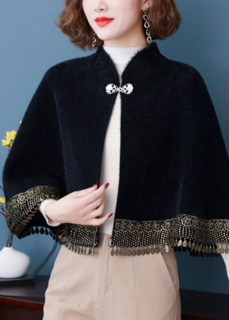 Schwarzer Patchwork-nerzsamtmantel Mit Knopf Und Fledermausärmeln Mit Quasten - Damen-Wintermäntel