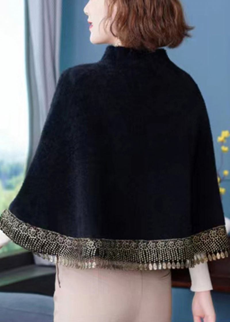 Schwarzer Patchwork-nerzsamtmantel Mit Knopf Und Fledermausärmeln Mit Quasten - Damen-Wintermäntel