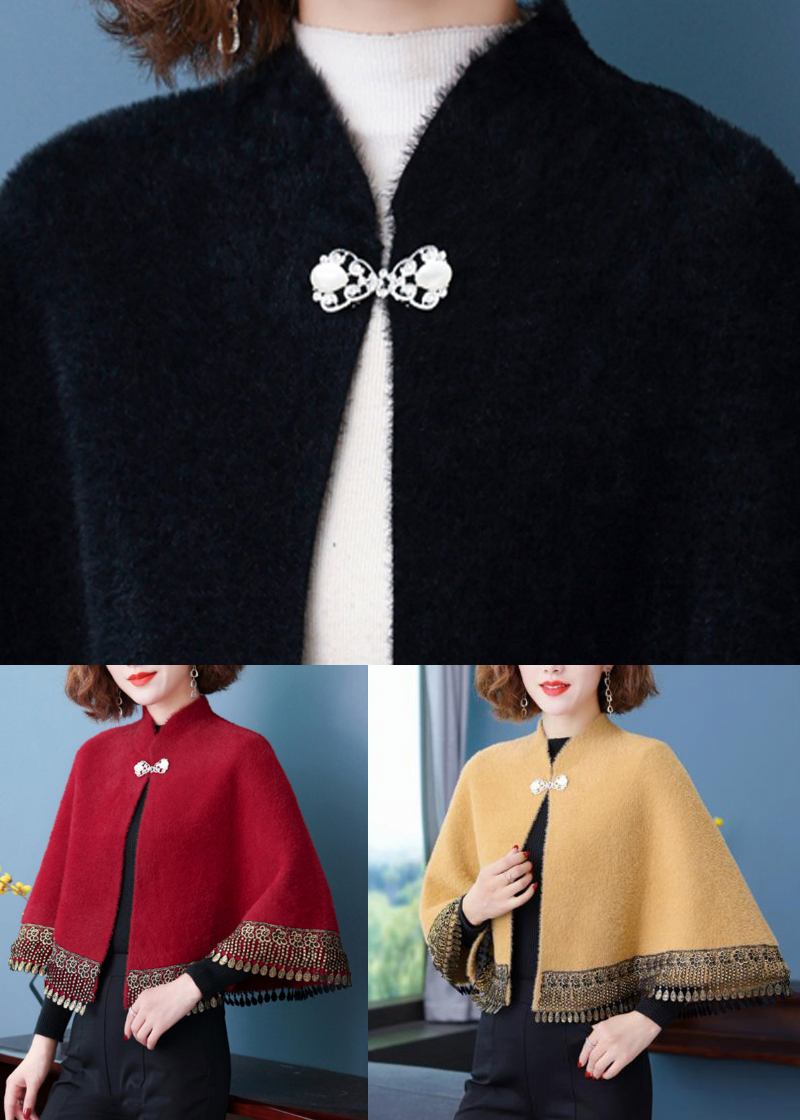 Schwarzer Patchwork-nerzsamtmantel Mit Knopf Und Fledermausärmeln Mit Quasten - Damen-Wintermäntel