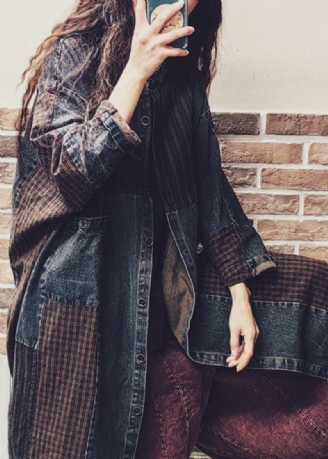 Vintage Colorblock-denim-patchworkmantel Mit Knopftaschen Herbst